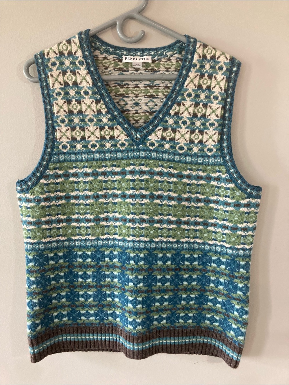 Pendleton Wool Teal, Green & Brown Fair Isle Wool V Neck Sweater Vest
